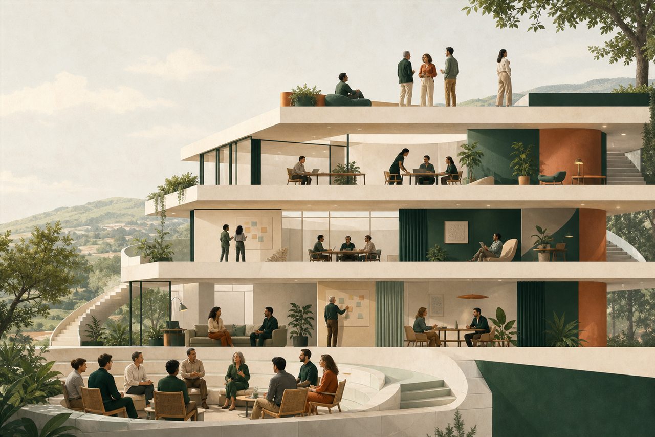Offenes Haus mit Menschen in Dialog-, Lern- und Arbeitssituationen als Bild für die VORPROMPT Lernarchitektur